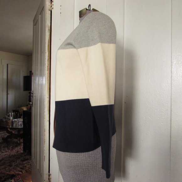 BANANA REPUBLIC Gray Cream and Navy Blue Stripe Cardigan with Leather Trim - Picture 3 of 6